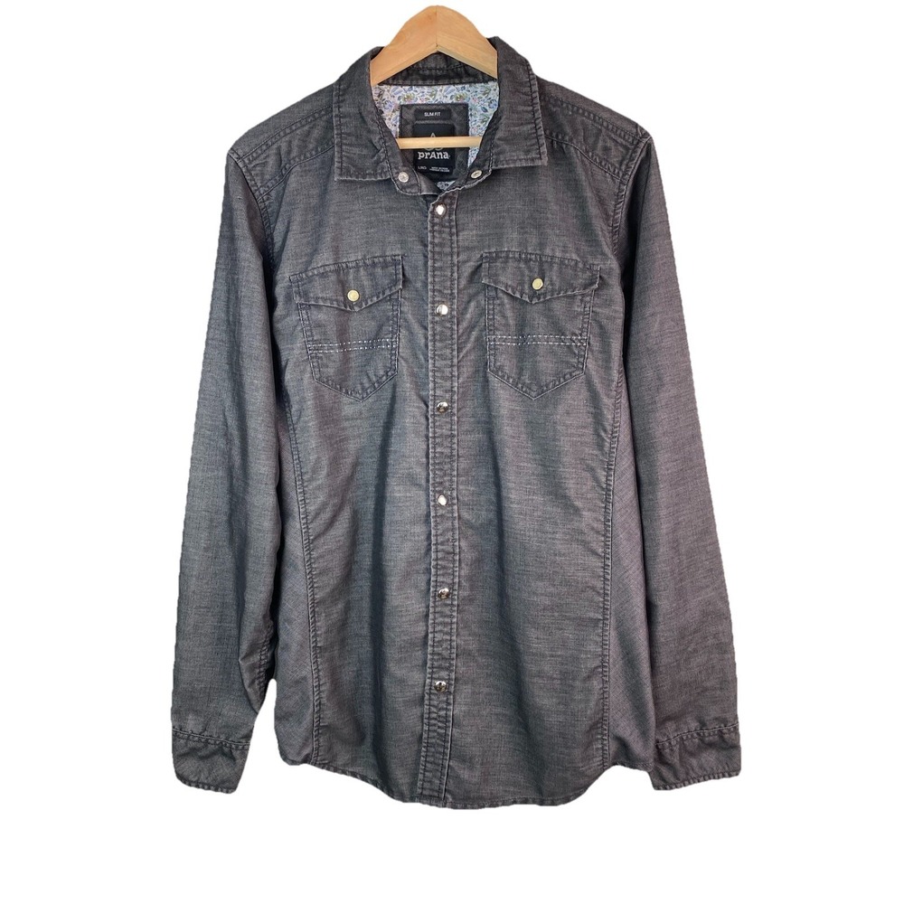 prAna Men's L Slim Fit Charcoal Gray Snap Front Corduoroy Western Shirt
